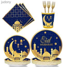 Disposable Plastic Tableware Blue and gold Eid al Fitr Mubarak tableware disposable cardboard cups napkins set Ramadan Karim decoration Islamic EID party WX