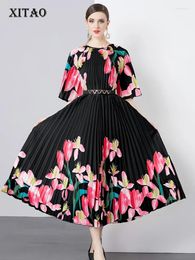 Party Dresses XITAO Pleated Printed Flower Dress O-neck Female Pullover Temperament All Match Fashion Half Sleeve Loose DMJ4087