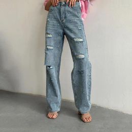 Women's Jeans Vintage Rhinestone Ripped Women Spring/Autumn Loose Leisure All-Matching Slimming Washed Blue Straight-Leg Pants TYFS14