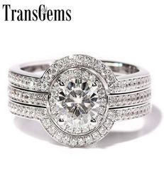 Transgems Solid 14k 585 White Gold Centre 1ct 65mm F Colour Moissanite Halo Engagement Ring Set Half Eternity Band 3piece Y19061206891684