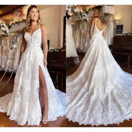 Abito splendidi abiti da sposa Abiti spaghetti Cinghieri per pizzo senza maniche da sposa Tulle applique a linea una linea rottata con abito plus size country beach vestido de noni