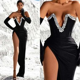 V Prom Dress Black Neck Beads Sheath Evening Elegant Thigh Slit Pleats Backless Formal Dresses For Special Ocns es