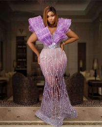Aso Ebi Light Purple Mermiad Prom Dresses For Black Girls 2022 Sexy V Neck Plus Size See Through Bottom Formal Evening Ocn Gowns 0431