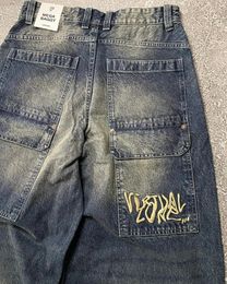 Streetwear Jeans Y2K Hip Hop Pocket Letter Embroidered Vintage Blue Baggy Pants Mens Harajuku High Waist Wide Leg Trousers 240426