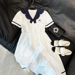 miui skirt designer skirt dresses for woman mium clothes Navy style doll collar rhinestone decorated bow tie waist skirt