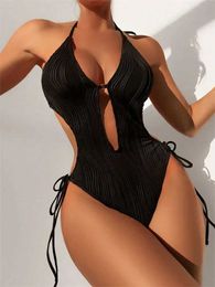 Women's Swimwear Sexy One Piece Swimsuit Black Hollow Out Ribbed Lace Up Backless Tie Side Thong Swimwear 2024 Summer Beach Bathing Suit Monokini Y240429