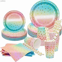 Disposable Plastic Tableware 120Pc Pastel Party Decorations disposable Pastel Paper Plates Napkins Party Rainbow Party Plate Sets for Birthday Baby Shower WX