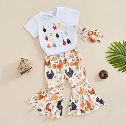 Clothing Sets 3pcs Set Kid Girls Pants Chicken Print Short Sleeve Crew Neck T-shirt With Flare Headband Cute Summer Outfit