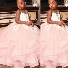 Girl Cute Flower Blush Pink Dresses For Weddings Sheer Neck White Lace Appliques Ball Gown Tulle Ruffles Tiered Girls Pageant Dress Kids Communion Gowns S s s