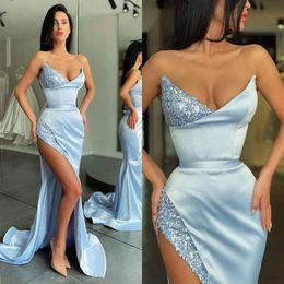 V Neck Baby Blue Sexy Prom Dresses paljetter Fest aftonklänningar veckar slits Semi Formell röd matta lång speciell OCN -klänning