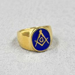 Band Rings Blue AG Stainless Steel RMen Vintage Gold Mens Hip Hop Rock Mens Ring Vintage No Mason Freemason Punk Jewellery J240429