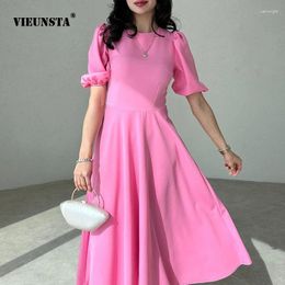 Party Dresses Evening Dress Women's Bubble Sleeve A-line Skirt Temperament Round Neck Solid Color Slim Fit 2024 Summer Model