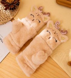 Five Fingers Gloves Cute Animal Cat Bear Fur Mittens Women Winter Ear Flip Plush Fingerless Thick Warm Mitten For Girl 1 Pair7661289