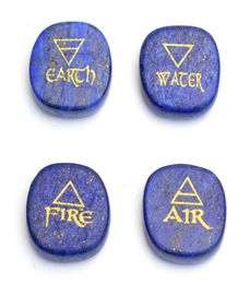 Set of 4 Small Size Chakra Healing Crystal Engraved Reiki 4 Elemental of Earth Water Air Fire Palm Stone with a Pouch1284062