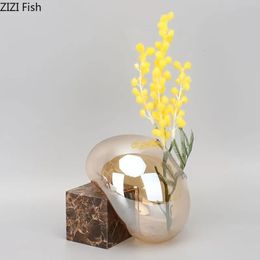 Transparent Brown Glass Vase Creative Marble Base Flowers Pots Desk Decoration Flower Arrangement Floral Vases Modern Home Decor 240430