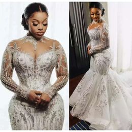 Sheer Mermaid Dresses Girl Size Plus Black Illusion Neck Crystal Wedding Dress Sweep Train Designer Wedding Bridal Gowns