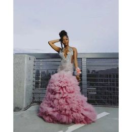 African Rose Pink Prom Ruffles Dress For Women Sier Diamond Crystal Black Girl Sheer Mesh Mermaid Birthday Party Gown