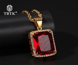 TBTK Trendy Stainless Steel Cubic Zirconia Square Gem Pendant Necklace Men Gold Chain Multicolor Iced Out Charms Jewellery Fashion3106401