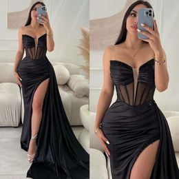 Vestito ballo favoloso illusione del corpetto nero sirena la sera formale senza spalline eleganti abiti di raso split per abiti da festa speciali