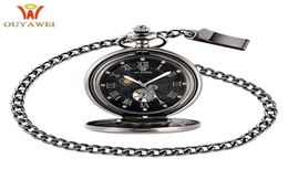OUYAWEI Vintage Pocket Watch Black Case Hollow Dial Moon Phase Function Hand Wind Mechanical Fob Watch T200502207U1061132