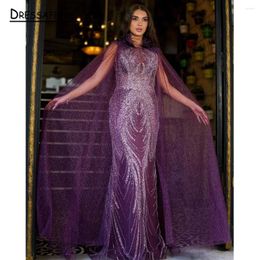 Party Dresses Purple Arabic Luxury Cape Sleeves Evening Gowns A-Line Beaded Sexy 2024 For Women