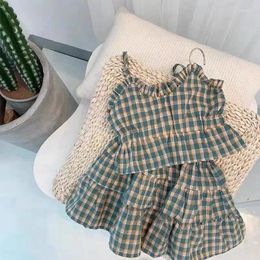 Clothing Sets 2024 Summer Girls' Tank Top Set Sweet V-neck Plaid Suspender Vest A-line Slim Half Skirt Two Piece Korean Fashion