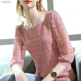 Women's T-Shirt S-3XL New Transparent Korean Womens Lace Shirt Y2k Pink Cute Womens Retro Short Sleeve Lace T-shirt Preparatory KoreanWX