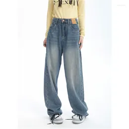 Women's Jeans 2024 Women Blue Contrasting Colors High Waist American Street Wide Leg Pants Fashion Baggy Vintage Straight Autu