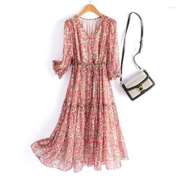 Party Dresses Silk Dress For Women V-Neck Half Sleeve Waist Lace-up Elegent Floral Printing Mulberry Midi