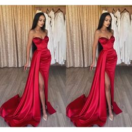 Prom Mermaid Dresses Red Dark Side Split Beaded Sleeveless Satin Pleats Custom Made Evening Gown Formal Ocn Wear Vestidos Plus Size