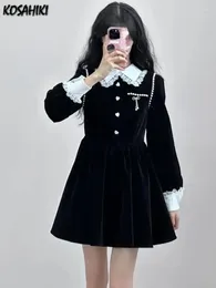 Casual Dresses Lace Patchwork Women Gothic Lolita Dress Slim Waist All Match Black Velvet Pearl Y2k Sexy Robe Fashion Party Vestidos