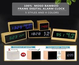 100 Bamboo Digital Alarm Clock Adjustable Brightness Voice Control Desk Large Display Time Temperature USBBattery Powered LJ20126520225