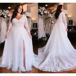 Bohemian Garden Beach Plus Summer Size Wedding Dresses A Line Sheer Long Sleeves V Neck Appliques Bridal Gowns With Split Bc18312 ppliques