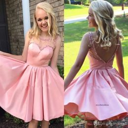 Short Lace Homecoming Sheer Neck Appliques Pleats Above Knee Length Satin Prom Dresses Graduation Gowns 0430