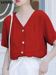 Women's Blouses Elegant 2024 VONDA Women Vintage Plaid Shirts Summer Tunic Tops Sexy V-Neck Checked Fashion Short Sleeve Casual Blusas