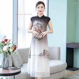 Ethnic Clothing 2024 Chinese Improved Qipao Dress Vintage Chiffon Cheongsam National Flower Print Gradient Colour Evening Banquet