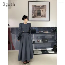 Work Dresses Xgoth Ins Women Skirt Set O-neck Long Sleeve Solid Blouse High Waits Pleated A-line Skirts Girls Sweet Grey Female Outfits