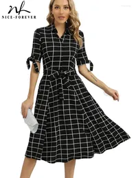 Party Dresses Nice-Forever Spring Women Classy Turn-Down Collar Casual Elegant Retro Flare Swing Dress A381