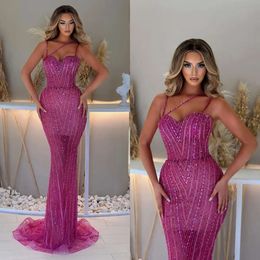 Diamond Evening Pink Mermaid Crystal Dresses Rosy Beads Straps Party Prom Mor Beading Formal Long Red Carpet Dress For Special Ocn