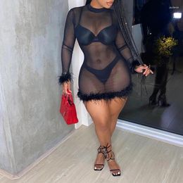 Casual Dresses 2024 Club Rave Party Female Mesh Clothes Long Sleeve Sheer High Waist Bodycon Women's Sexy Style Mini Dress With Feather