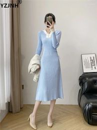 Casual Dresses YZJNH 2024 Autumn/Winter Long Sweater Dress Women's Korean POLO Collar Solid Colour Slim Fit Knitted