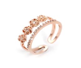 V364 Double Layer Cute Romantic Rose Flower Rings RoseGold Ring S925 Sterling Silver Zircon Opening Adjustable Size Hand Jewelry1648434