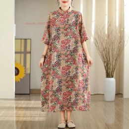 Ethnic Clothing 2024 Chinese Vintage Dress Improved Cheongsam National Flower Print A-line Qipao Oriental Elegant Folk Streetwear