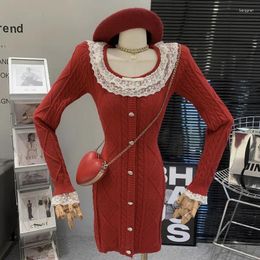 Casual Dresses Girl Sexy Lace Splice Single Breast Slim Fit Wrap Hip Long Sleeved Knitted Dress For Women