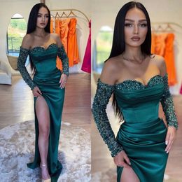 Sweetheart Prom Dresses Sleeves Sequins Green Dark Evening Dress Pleats Split Formal Long Special Ocn Party Dress