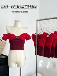 Women's T Shirts American Retro Gyaru Casual T-Shirts Kpop Tide Spring Summer Short Sleeve Red Crop Top Folds Coquette Slim Tees Luxury
