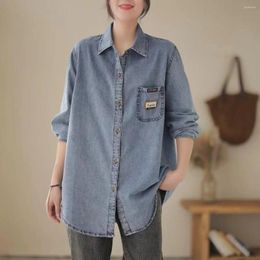 Women's Blouses SuperAen Denim Shirt 2024 Spring Autumn Retro Pocket Washed Jeans Shirts For Women