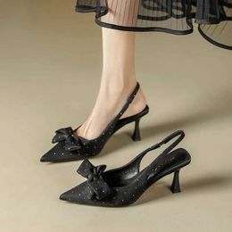 Dress Shoes Heel Rear Trip Black Pointed Sandals Womens Summer Thin Adult Ceremony Bow Pumps Women H240430