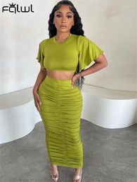 Work Dresses Habbris Green Short Sleeve Crop Top Skirt Set Vacation Clothing For Women 2024 Fall Winter Bodycon 2 Two Piece Pleated