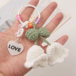 Keychains Lanyards Creative Knitted Orchid Flower Keychain Cute Sweet Crocheted Flower Bell Pendant Keyring Key Holder Women Bags Decoration Q240429